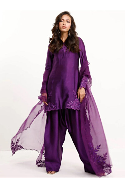 MYSMAR Purple Crepe Top Bottom & Dupatta - HRT3149 | Purple
