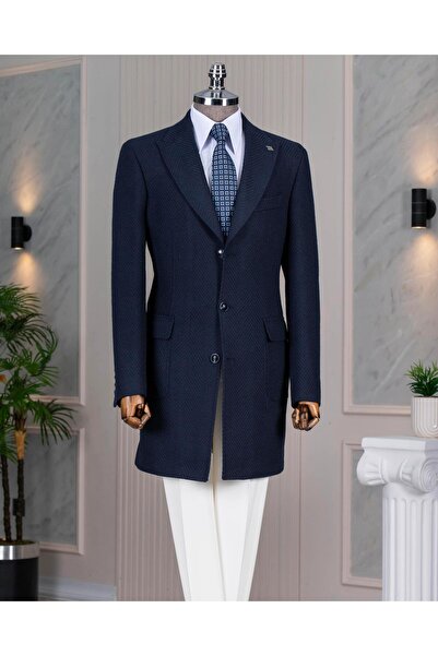 TerziAdemAltun Italian Style S Slim Fit Peaked Lapel Cashmere Men's Coat Navy...
