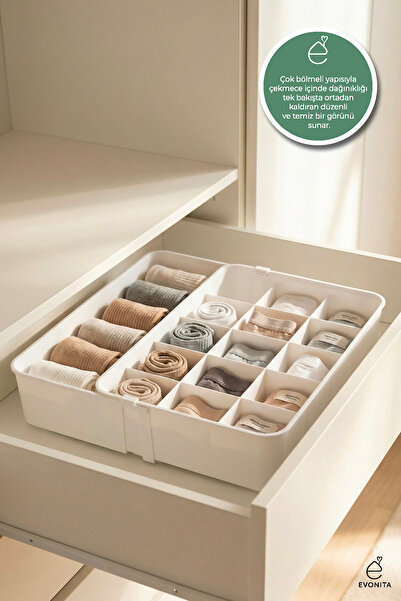 EVONİTA 16 Bölmeli Çekmece Düzenleyici Kutusu – Ayarlanabilir 16 Gözlü İç Çam...