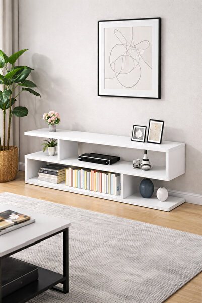 KORVEA Modern Beyaz TV Ünitesi | Açık Raflı Minimal Televizyon Sehpası 120cm ...