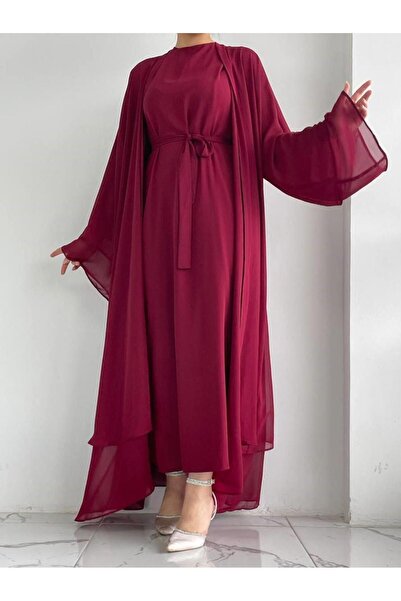 MELEK ARAZ Burgundy Anna Chiffon Abaya Set