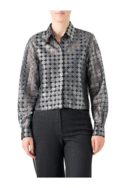 Akris Punto Tül Üzeri Metalik Puantiye İşlemeli Kısa Gömlek Bluz