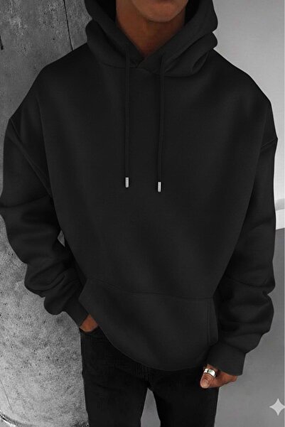 NO 601 Men's Black Patternless Plain Hooded Sweatshirt
