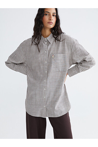 LC Waikiki LCW Modest Καφέ Ριγέ Oversize Ποπλίνα Γυναικείο Πουκάμισο Τουνίκ