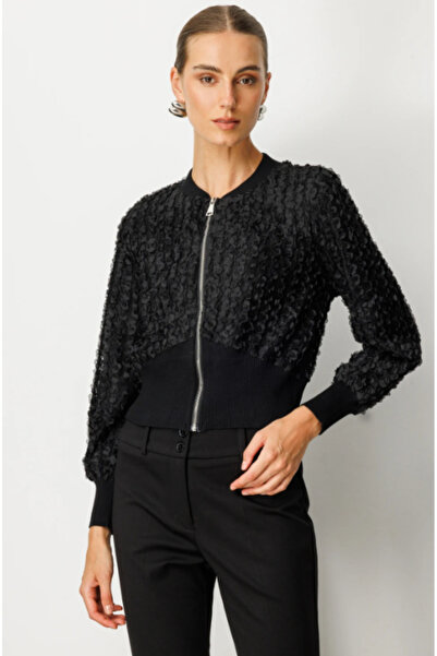 ON TRİKO Güpür Detaylı Beli Lastikli Fermuarlı Mont - SİYAH