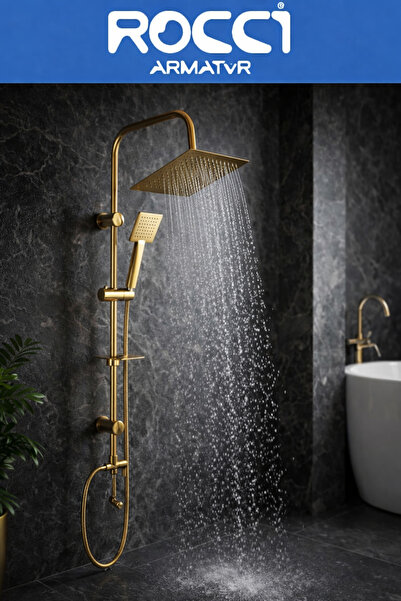RocciArmatur RocciArmatür Kare Gold Robot Duş Seti Yağmurlama Gold Tepe Duş Seti