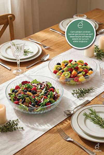 EVONİTA Şeffaf Sunum Salata Kasesi 24 cm – Meyve Servis Kabartma Desenli Hafi...