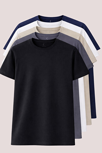 Montland Erkek Tişört %100 Pamuk, Yumuşak Doku, Bisiklet Yaka 5li Paket