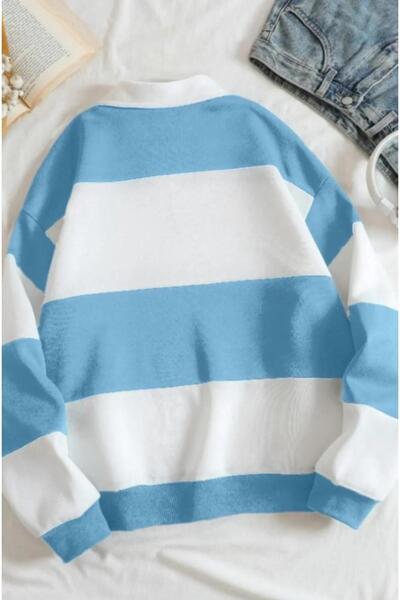 MODAGEN Unisex Bebe Mavi Çizgili NY Baskılı Fermuarlı Polo Yaka Oversize Sweatshirt