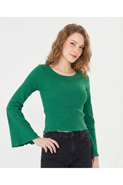 ESPİNA بلوزة نسائية بياقة دائرية وأكمام طويلة حياكة مضلعة مع تفاصيل أوفرلوك ع...