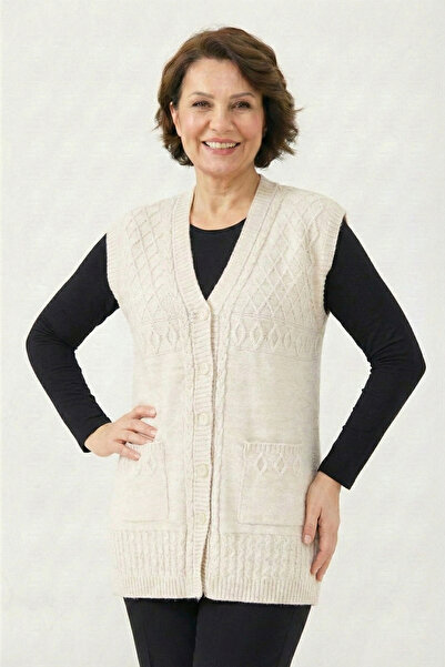 nacar çarşı Vestă de lână Mother Cream pentru femei, cu decolteu în V, buzuna...