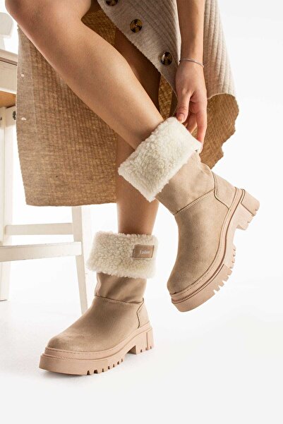TubiBella İçi Yünlü Bej Krem Renkli Süet Kadın Bot