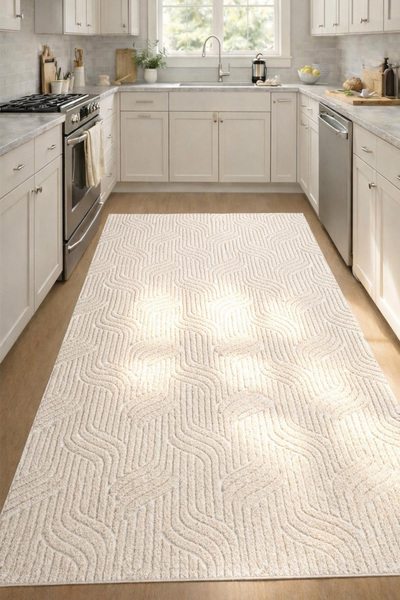 Raschel Carpet Yıkanabilir Leke Tutmaz Moopy Krem Dekoratif Mutfak Halısı Kay...