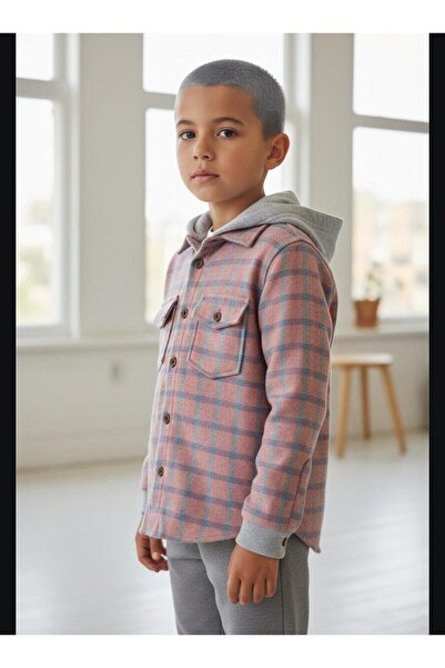 Gala kolu lastkli kapüşonlu çizgili UNİSEX çocuk gömlek