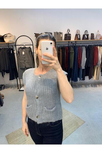Ecenin Favorileri Sleeveless Knitted Pocketed Button Detailed Gray Women's Vest