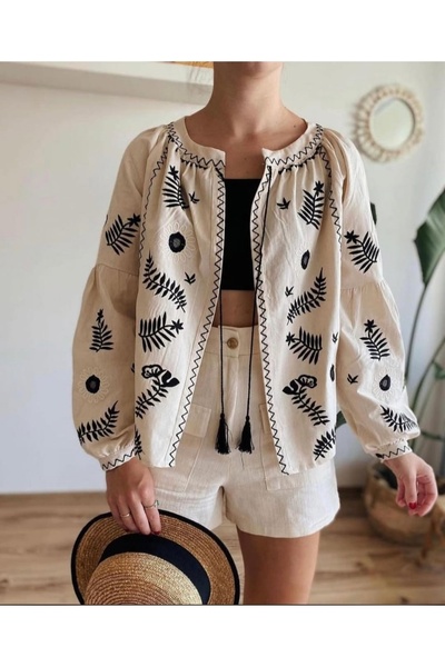 Sosyete Kaplumbağa Embroidered, Lace-Up Long-Sleeved Blouse, Jacket