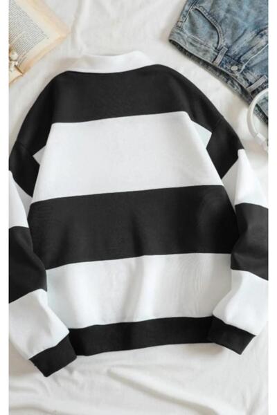 MODAGEN Unisex Siyah Çizgili NY Baskılı Fermuarlı Polo Yaka Oversize Sweatshirt
