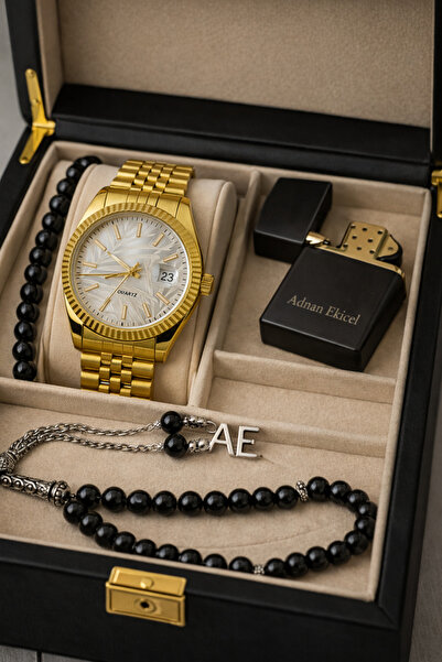 pierrose Gold Çelik Beyaz Kadran Su Geçirmez Metal Erkek Kol Saati Çakmak Tes...