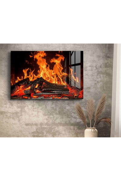 Glit Glass Modern Şömine Ateşi Temperli Cam Tablo Duvar Dekoru