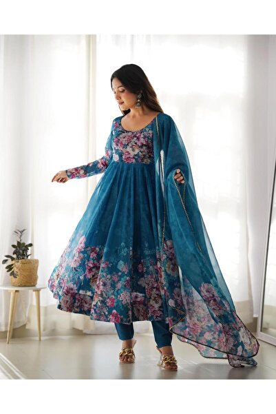 MYSMAR Sky Blue Organza Silk Top Bottom & Dupatta - HRT6510 | Sky Blue
