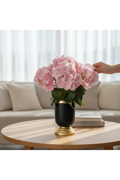 ERHAN FLOWERS siyah gold metal Vazoda Yapay Ortanca Aranjmanı - 45 cm Pembe o...