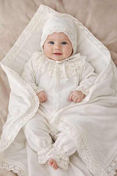 SONEM BABY %100 Pamuk Dantelli Penye Battaniye ve Pamuk Dantelli Tulum Ve Şap...