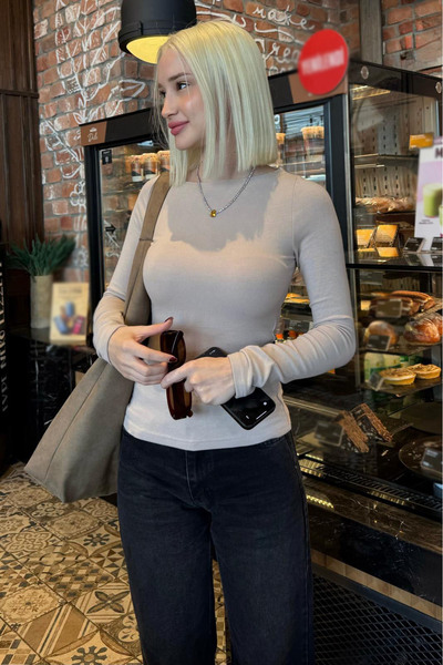 Seeh Dark Beige Boat Neck Long Sleeve Bodysuit Sh322