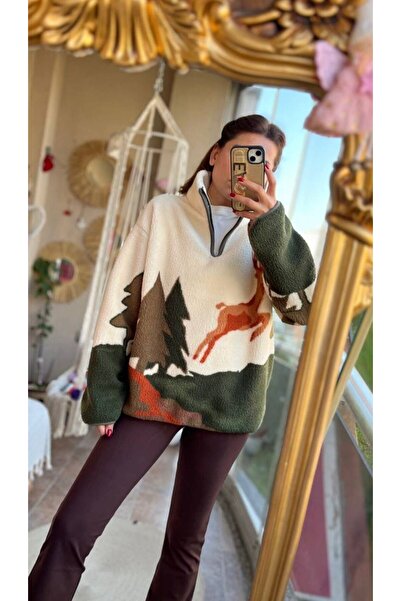 AuraModa KADIN GEYİK DETAYLI FERMUARLI PELUŞ SWEATSHİRT