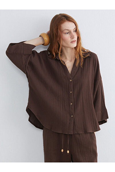 LC Waikiki Γυναικείο πουκάμισο Oversize με καφέ υφή