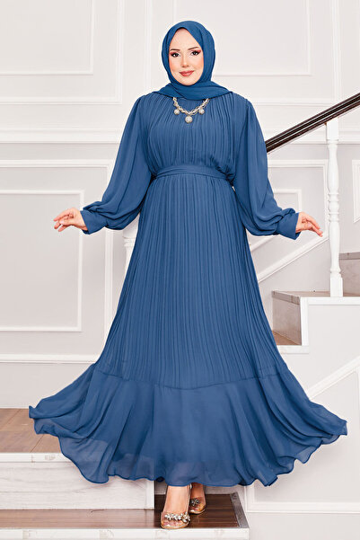 EBRUTESETTÜR Kolları Organze Tesettür Abiye İndigo
