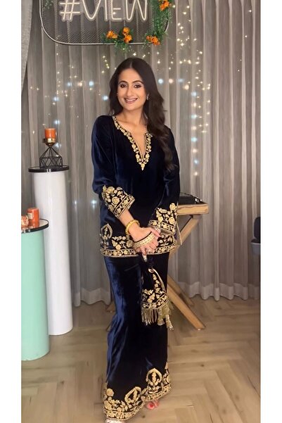 MYSMAR Blue Viscous Velvet Top Potli & Palazzo - HRT5847 | Blue