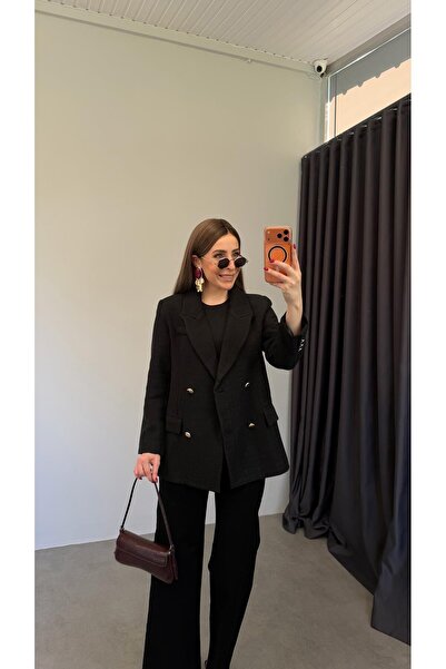 elif teke Kare Dokulu Vatkalı Tüvit Blazer Ceket Siyah