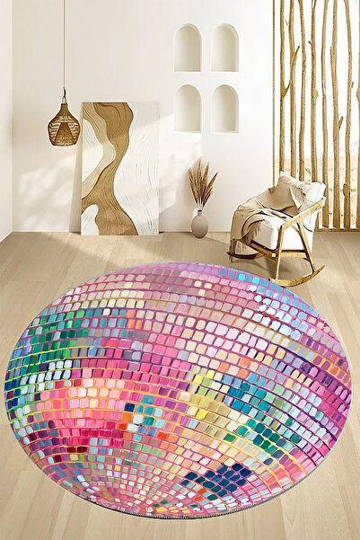 halıpera Çok Renkli Disko Topu Görünümlü Yuvarlak Dokuma Taban Halı