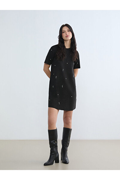 LC Waikiki Özmarka Yeni Sezon Bisiklet Yaka Taşlı Mini Elbise