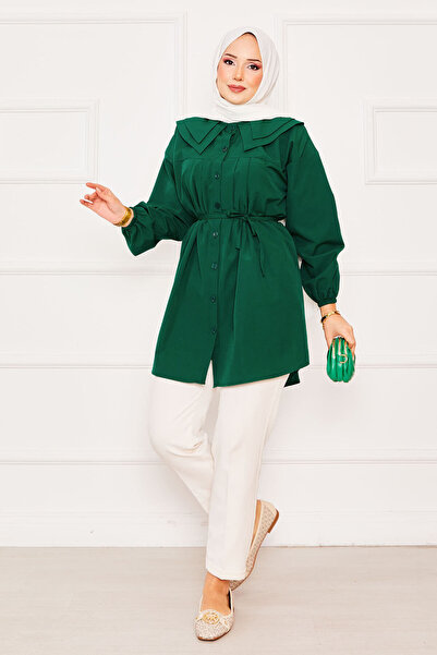 EBRUTESETTÜR Double Collar Lace-Up Waist Hijab Shirt Emerald