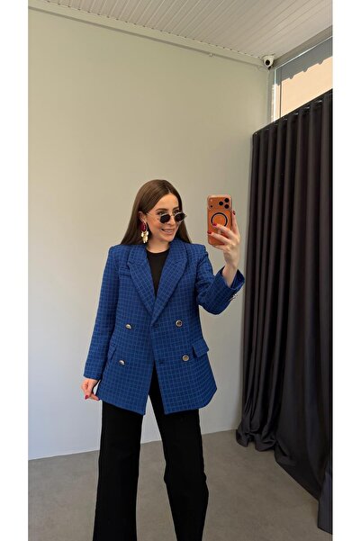 elif teke Kare Dokulu Vatkalı Tüvit Blazer Ceket Saks Mavi