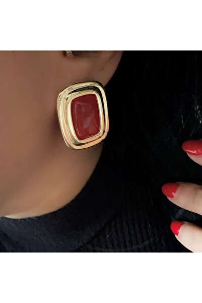 ACAR TAKI أقراط حمراء اللون بإطار ذهبي ACR8580
