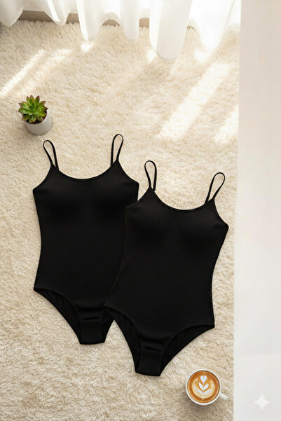 ROZELT Women's Cotton Rope Strap Wide Neckline Black 2-Piece Snap-On Bodysuit