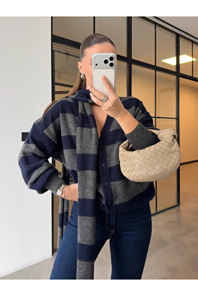 My Blog Anthracite-Navy Blue Scarf Knit Cardigan - 251111