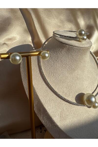 AJE JEWELRY Marka Model İnci Model Taşlı Choker Kolye ve Bileklik ev Küpe Seti