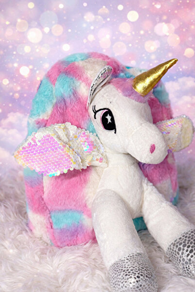 duru cnc print Unicorn Peluş Sırt Çantası – Simli Kanatlı, Fermuarlı, Yumuşak...