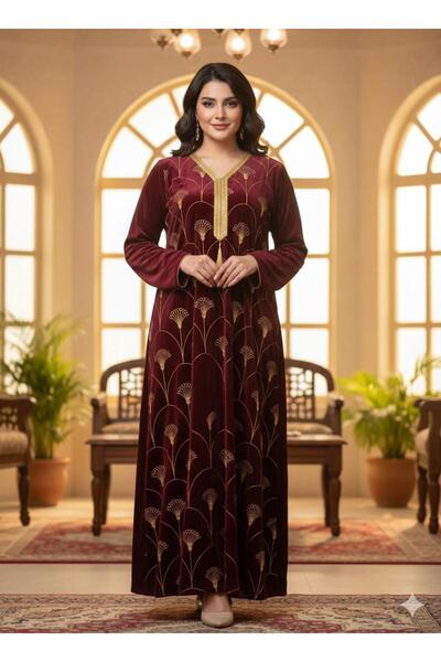 KALDE جلابية قطيفة مطرزة بنقوش ذهبية فاخرة والتصميم المريح