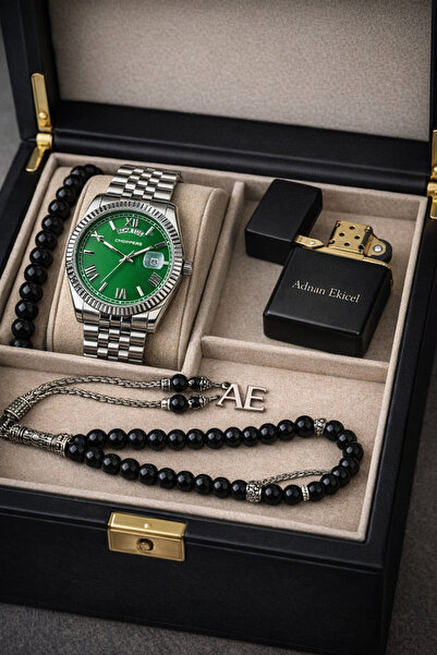 pierrose Gümüş Çelik Yeşil Kadran Su Geçirmez Metal Erkek Kol Saati Çakmak Te...