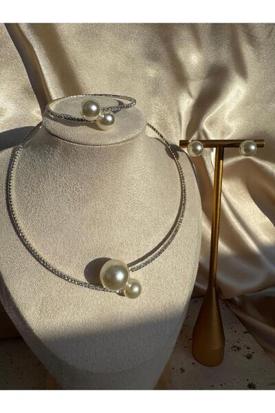 AJE JEWELRY Marka Model İnci Model Taşlı Choker Kolye ve Bileklik ev Küpe Seti