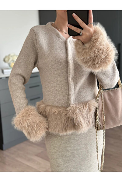 My Blog Beige Fur Cardigan with Sleeve and Waist Detail - 251104