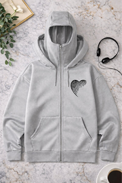 Pink Sky Unisex Heart Printed Zippered Hooded Sweatshirt