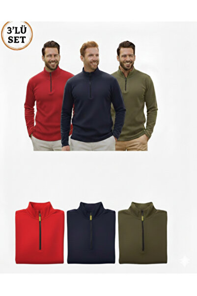 Erkek 3'lü Set Yarım Fermuarlı Dik Yaka Pamuklu Sweatshirt