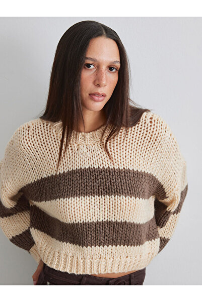 LC Waikiki Γυναικείο πλεκτό πουλόβερ από μαλλί με ρίγες καφέ