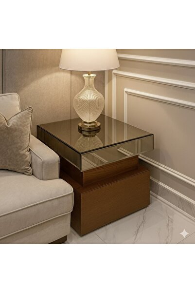 terndat طاولة جانبية خشب بني سنديان بسطح زجاج مرايا