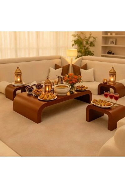 terndat طقم طاولات ضيافة ارضي خشب بني سطح زجاج شفاف مع 4 طاولات خدمة